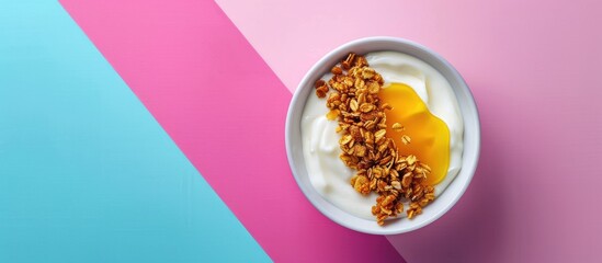 Aufkleber - Granola and yogurt in a bowl on a colorful backdrop, with space for adding your own image.