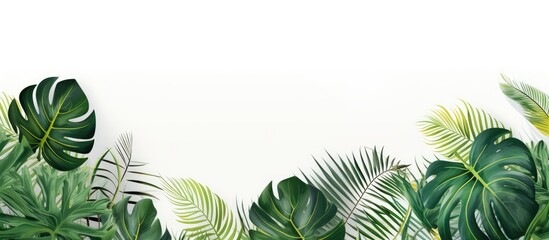 Wall Mural - A minimalist tropical design featuring vibrant leaves against a white backdrop, perfect for a summer theme with room for text or images