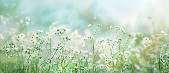 Fototapete - A bright sunny day backdrop showcases delicate white meadow flowers, creating a serene landscape with a distinctive copy space image.