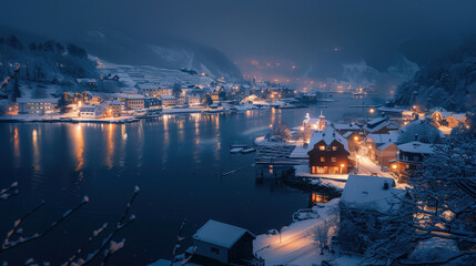 Wall Mural - a snowy night scene of a town by the water