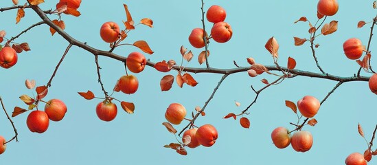 Canvas Print - A seamless pattern featuring a branch of wild Apple tree with Paradis Apples, set against a blue sky as ruddy apples create a striking contrast with copy space image.