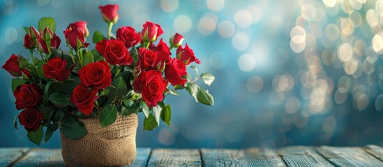 Poster - Red roses bouquet in a fabric box on a wooden surface with copy space image.