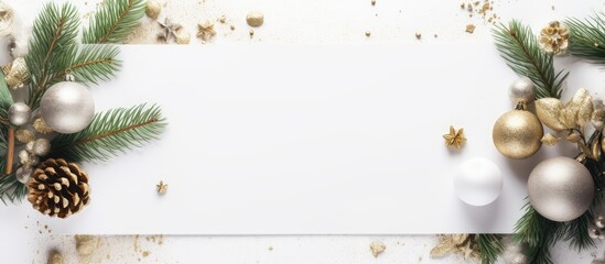 Poster - A holiday-themed arrangement featuring a frame, branches, and New Year decorations on a white background, viewed from the top with space for text or images.