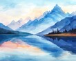 © Cherrin - Mountain lake, clear waters reflecting peaks, Watercolor style