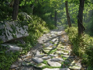 Sticker - a stone path in the woods with a bench