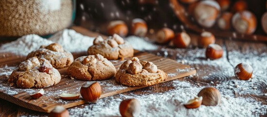 Poster - Hazelnut cookies on a wooden surface with scattered hazelnuts and flour, ideal for a copy space image.