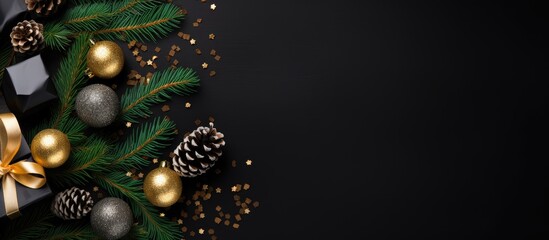 Poster - Top-down view of a Christmas and New Year-themed black backdrop adorned with fir decorations, offering ample room for customized text in an image.