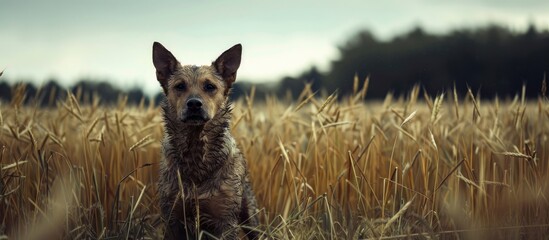 Sticker - A dirty and damp canine amidst a lush cereal field provides the perfect copy space image.