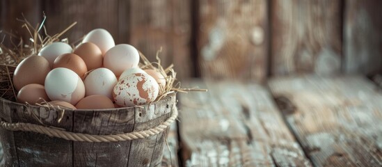 Canvas Print - Eggs gathered in a wooden basket with a rustic background, creating a charming farm-inspired copy space image.