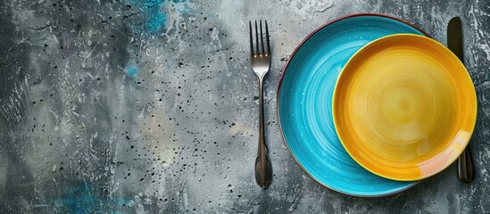 Aufkleber - A colored ceramic plate placed on a concrete background, ready for a meal with cutlery, having a blank area for an image.