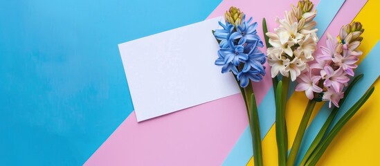 Poster - Spring hyacinth flowers in a flat lay composition with a blank card on a colorful background, offering ample space for text input.