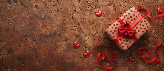 Aufkleber - Festive gift box adorned with red hearts and ribbon on a cork background, perfect for holidays like birthdays or Valentine's Day. Ideal for a copy space image.