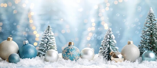 Leinwandbilder - Festive greeting card with snow-covered fir trees, decorations, and a copy space image for personal messages.