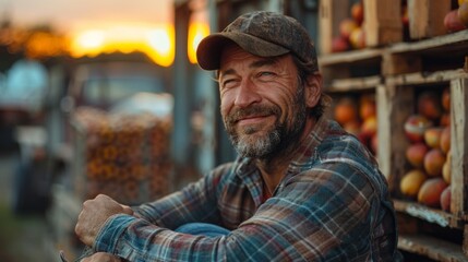 A man in rural attire sits contentedly beside crates filled with apples, set against a backdrop of a serene sunset sky, capturing the essence of farm life and tranquility.