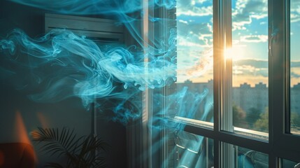 Sticker - a window with a view of a city and a smoke cloud