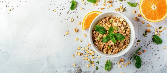 Aufkleber - Granola with orange slices, mint, and seeds on a white table with space for text or images.