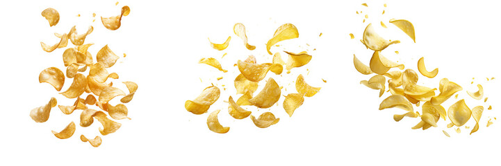 Wall Mural - Set of Potato chips frozen in motion, flying isolated on a transparent background