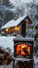 Poster - a wood burning stove in front of a log cabin