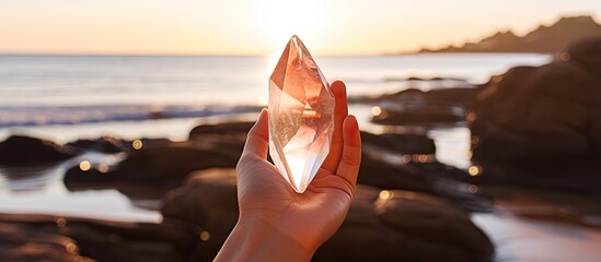 Poster - A radiant sunstone in hand against a sea background, ideal for copy space image.