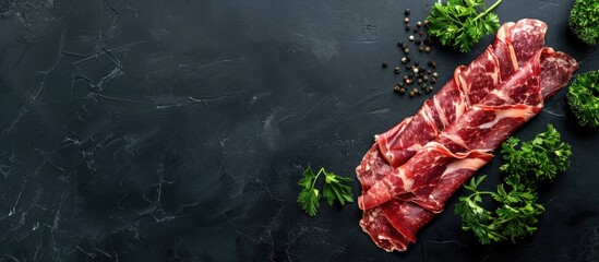 Wall Mural - Organic jamon serrano with fresh parsley displayed on a sleek black table, offering a health-conscious food choice with ample copy space for personalization.