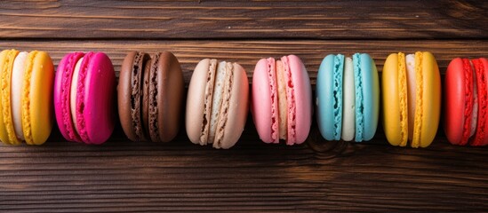 Poster - Colorful macarons displayed on a wooden table, shot from above, providing a perfect copy space image.
