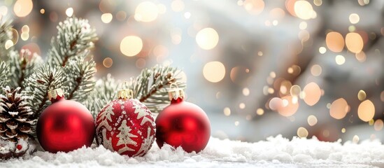 Fototapete - Festive greeting card with snow-covered fir trees, decorations, and a copy space image for personal messages.