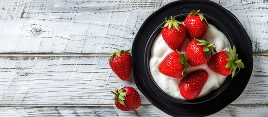 Poster - Healthy eating concept depicted by fresh ripe strawberries on a dark saucer, paired with natural yogurt, placed on a white wooden table with a copy space image.