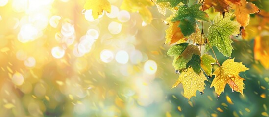 Aufkleber - Copy space image of dewy yellow-green autumn leaves under morning sun in a forest with a blurred background.