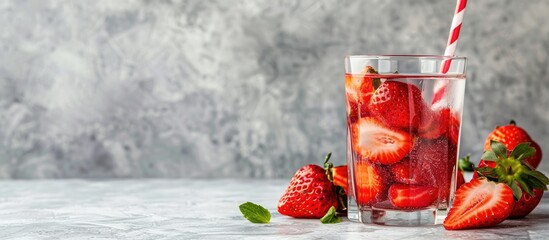 Poster - Glass with a straw holding a mix of sliced strawberries on a gray backdrop, with available copy space image.