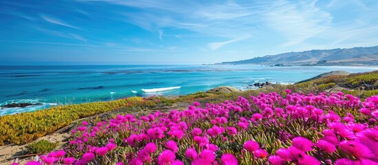 Aufkleber - Coastal area with blooming pink ice plant offers a vibrant view with a copy space image.