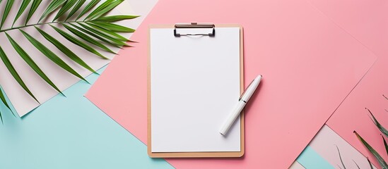 Canvas Print - Minimal concept with clipboard featuring white sheet on a pastel background, ideal for a copy space image.