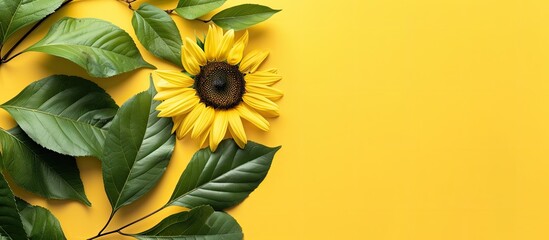 Leinwandbilder - A minimalistic summer theme featuring a creative flat lay arrangement with a copy space image. A top-down view of green leaves and a sunflower on a yellow background.