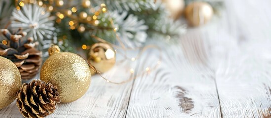 Poster - Copy space image featuring a festive arrangement of golden Christmas ornaments, cedar, and pine cones on a white wooden table.