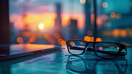 Poster - Glasses lie on a desk, reflecting the sunset view through a window.