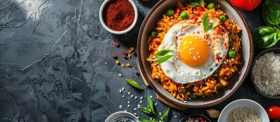 Poster - Delicious Asian cuisine displayed on a table, including stir-fried paprika rice with a sunny side-up egg, set against a background of copy space image.