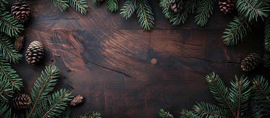 Fototapete - A festive arrangement featuring Christmas pine tree branches on a dark wooden table offers space for adding text or images. Ideal for holiday-themed content with a natural touch.