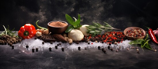 Wall Mural - Cooking essentials like pepper, salt, rosemary, spices, and herbs displayed on a dark concrete background with copy space image.