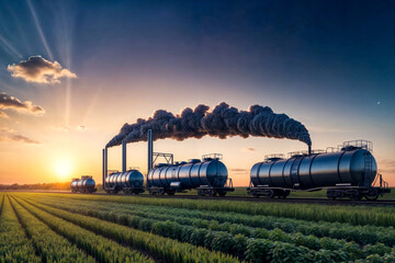 Wall Mural - Industrial fertilizer plant with railroad tanker cars on agricultural field at sunset. Evening landscape of industrialize factory, summertime. Manufacture and industry concept. Copy ad text space