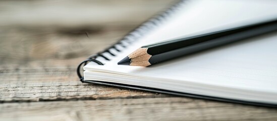 Fototapete - A black pencil is nestled between a white notebook on a wooden background in a close-up and macro shot with selective focus, illustrating a stationery concept with copy space image.