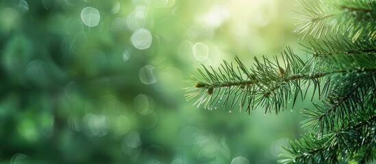 Wall Mural - Close-up of a pine tree branch against a green forest backdrop with copy space image.