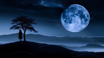 Wall Mural - create an anime wallpaper featuring a serene night sky with a full moon, stars, and a silhouette of 