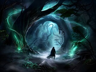 Wall Mural - Illustrate an anime wallpaper featuring a mystical forest with towering trees, glowing plants, and a young adventurer exploring the magical surroundings. The background should be rich with details