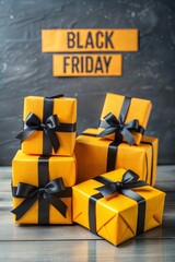 Wall Mural - Festive display of yellow gift boxes with black ribbons on a wooden table, hinting at black friday excitement and holiday season charm