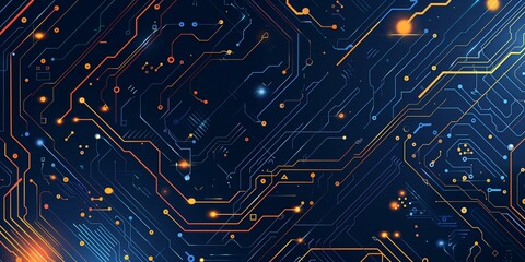 Printed circuit board electronic or electrical line on blue background, engineering technology concept, vector panorama