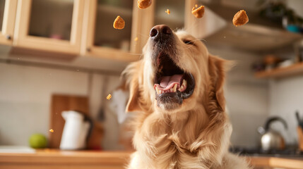 Dog sitting in kitchen with food