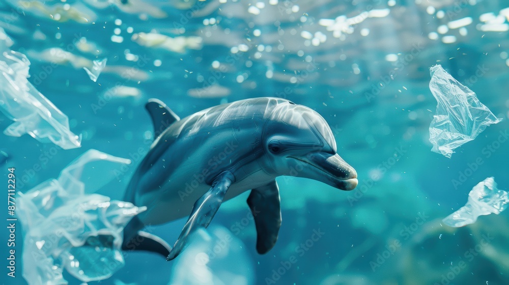 Dolphin swimming amidst plastic pollution in the ocean, highlighting ...