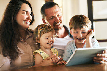 family, parents and children on tablet for streaming cartoon, online education and watch or home e l