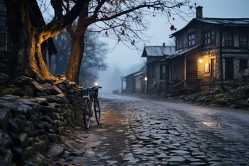 Wall Mural - Nostalgic crossing a lone bicycle in the serenity of the cobblestone at dusk, generative IA