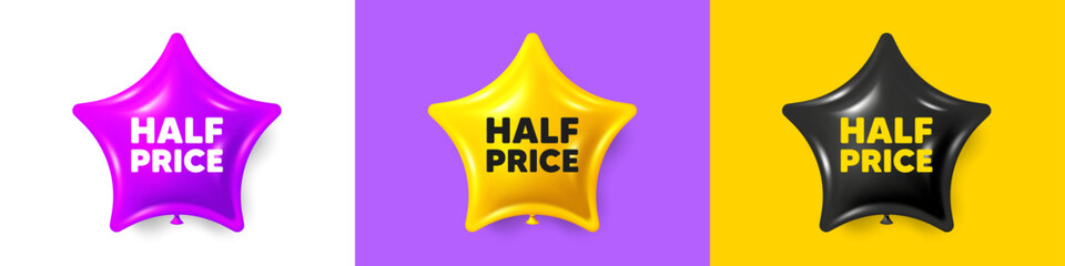 Sticker - Half Price tag. Birthday star balloons 3d icons. Special offer Sale sign. Advertising Discounts symbol. Half price text message. Party balloon banners with text. Birthday or sale ballon. Vector