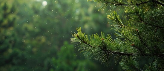 Poster - Close-up of a pine tree branch against a green forest backdrop with copy space image.